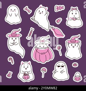 Halloween pink ghost set in line art style. Happy halloween spooky characters sticker, funny and scary creature with pumpkin. Vector illustration Stock Vector