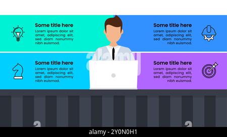 Infographic template with icons and 4 options or steps. Worker with computer. Can be used for workflow layout, banner, diagram, webdesign. Vector illu Stock Vector