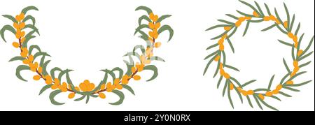 Illustration featuring two sea buckthorn berry wreaths with green leaves, arranged in circular patterns of the bright orange berries and fresh foliage. Stock Vector