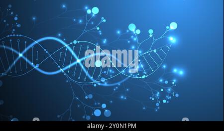 Scientific medical background with abstract image of dna molecule and tree branches. Neon glow effects and gradient. Hand drawn vector illustration. Stock Vector