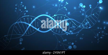 Scientific medical background with abstract image of dna molecule and tree branches. Neon glow effects and gradient. Hand drawn vector illustration. Stock Vector