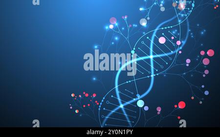 Scientific medical background with abstract image of dna molecule and tree branches. Neon glow effects and gradient. Hand drawn vector illustration. Stock Vector