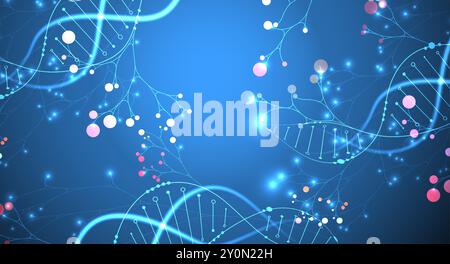 Scientific medical background with abstract image of dna molecule and tree branches. Neon glow effects and gradient. Hand drawn vector illustration. Stock Vector