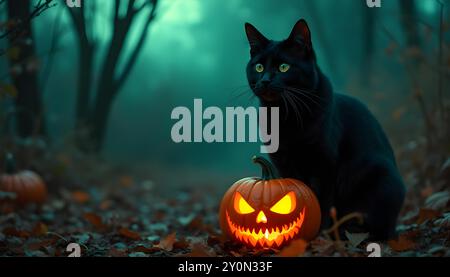 A black cat sits on a glowing jack-o-lantern under a full moon on Halloween night. Stock Photo