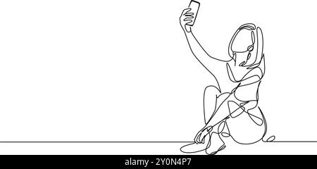 continuous single line drawing of young woman sitting on floor taking selfie, line art vector illustration Stock Vector