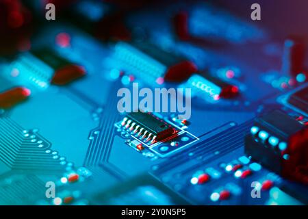 Microcircuit - Electronic integrated circuit board PCB close up Stock Photo