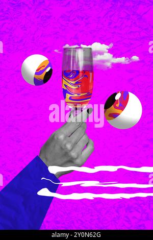 Vertical composite artwork collage image picture of arm hold champagne glass big eyes watch isolated on creative background Stock Photo