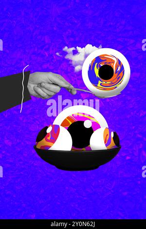 Vertical composite collage image picture of arm hold spoon big eyeball isolated on creative background Stock Photo