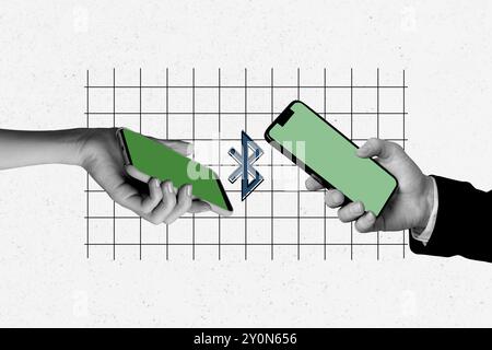Photo collage picture smartphone digital device wireless network connection display touchscreen checkered background send data transfer Stock Photo