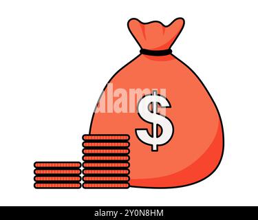 Bag with dollar sign. A red bag with a dollar sign and a stack of coins. A symbol of wealth, savings, or financial success. For finance-related projec Stock Vector