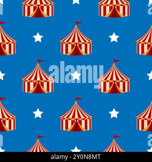 Seamless pattern with circus tent on blue background. Red and yellow striped circus tent and white stars on blue background. For carnival, textile, wa Stock Vector