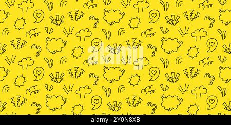 Yellow and black background with elements of 80-90s comics. Seamless pattern with speech bubbles, lightning, accent lines, exclamation marks. For fabr Stock Vector