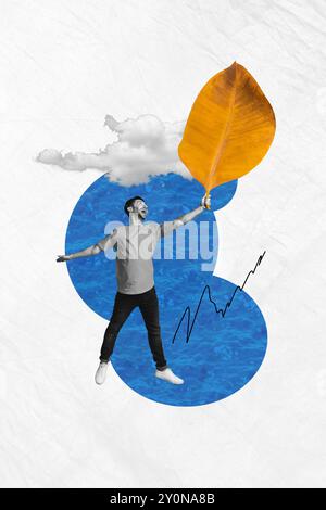 Trend artwork composite sketch photo collage of autumn season fall gray clouds miniature young man hand hold leafy foliage water circle Stock Photo