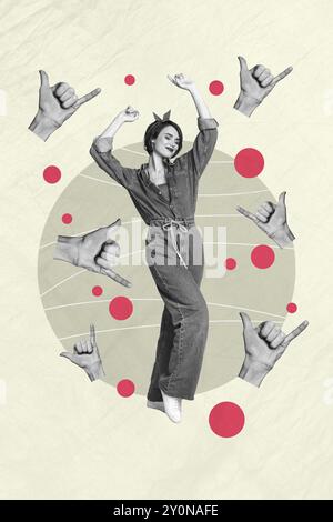 Trend artwork composite sketch photo collage of carefree party celebration holiday listen music young lady dance funky hand gesture shaka Stock Photo