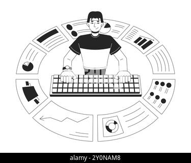 Data analytics business reports black and white 2D illustration concept Stock Vector