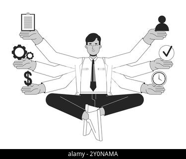 Multitasking in management black and white 2D illustration concept Stock Vector