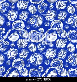 Azure blue white shell motif with linen seamless batik background, Modern coastal beach cottage rustic shell block print home decor pattern design in Stock Photo