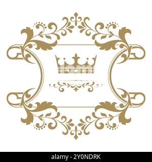Gold crown in a vintage frame on a white background. Stylish vector graphic design. Stock Vector