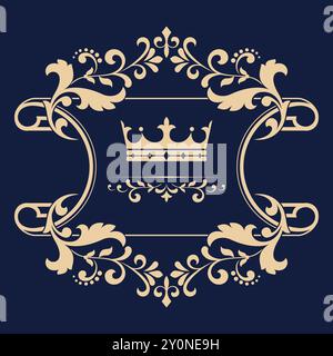 Gold crown in a vintage frame on a black blue background. Stylish graphic vector design. Stock Vector