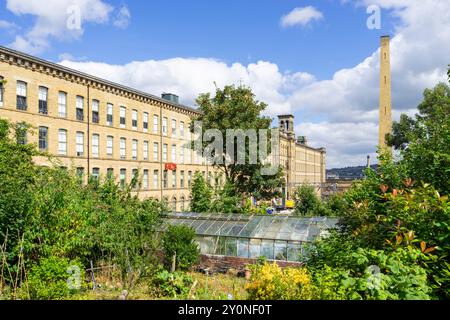 Salts mill and Saltaire Village allotments in the village of Saltaire Bradford West Yorkshire England UK GB Europe Stock Photo