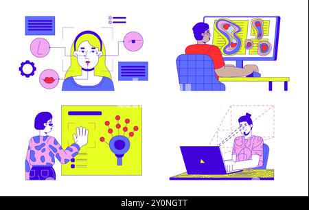 Eye tracking technology biometrics 2D illustration concepts set Stock Vector