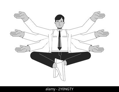 Efficient employee with multi arms black and white 2D line cartoon character Stock Vector