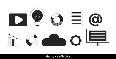 Product management black and white 2D line objects set Stock Vector