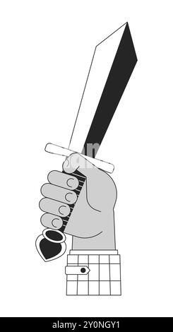 Raising up sword cartoon human hand outline illustration. Knight holding Stock Vector