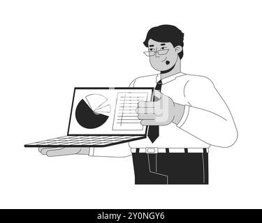 Male employee holding laptop pie chart black and white 2D line cartoon character Stock Vector
