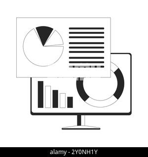 Computer analyzing data black and white 2D line object Stock Vector