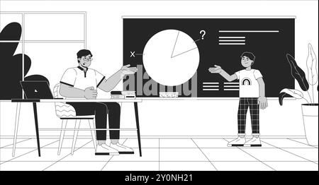 Student solving math problem with teacher at blackboard black and white line illustration Stock Vector