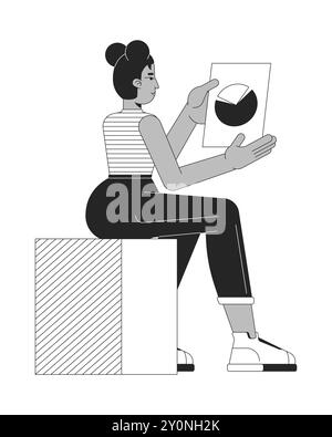 African american woman analyzing pie chart black and white 2D line cartoon character Stock Vector