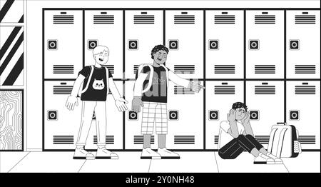 Bullying in elementary school black and white line illustration Stock Vector