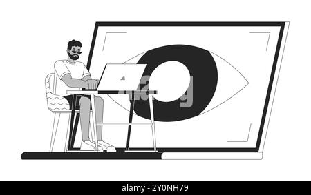 Eye control in laptop black and white 2D illustration concept Stock Vector