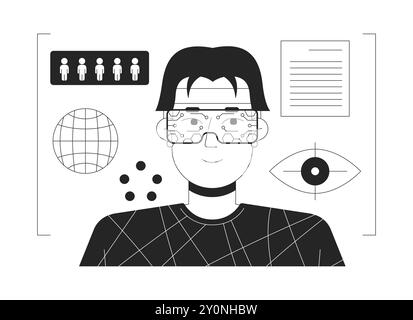 VR data analytics black and white flat line illustration Stock Vector