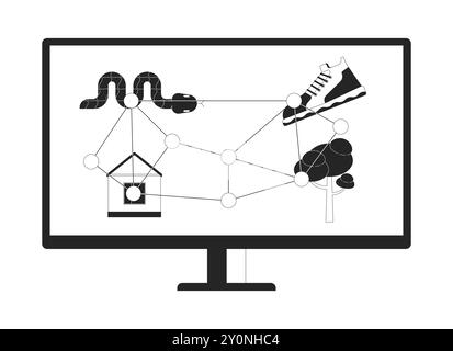 Computer screen-based eye tracking black and white flat line illustration Stock Vector