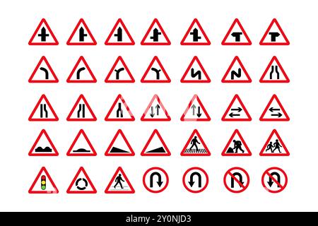 a collection of road traffic warning signs. isolated vector illustration of signs on roads. Stock Vector