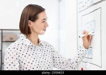 Developing UI design. Woman drawing website wireframe on whiteboard indoors Stock Photo