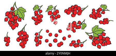 Currant branch icon set. Colored vector fruit sign illustration for brochures, banners, restaurant and market menus Stock Vector