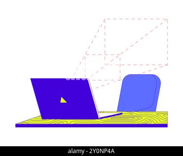 Digital scanner laptop on desk with chair 2D cartoon object Stock Vector