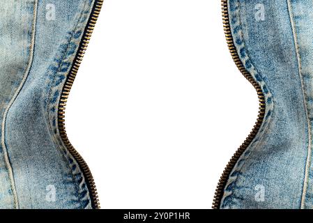 Metal lock on denim jacket on white background. Empty space. Zipper lock isolate Stock Photo