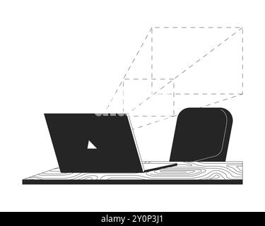 Digital scanner laptop on desk with chair black and white 2D line object Stock Vector