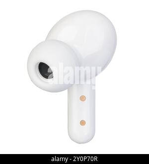 Close-up side view of a single white wireless earbud on a white background. Stock Photo