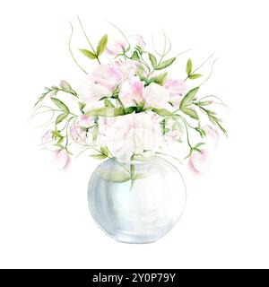 Isolated Illustration. Bouquet in a glass vase of watercolor flowers of Fragrant Peas on a white background. The illustration is hand drawn. Suitable for card designs, textiles and scrapbooking Stock Photo