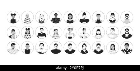 Diverse employees black and white 2D vector avatars illustration set Stock Vector