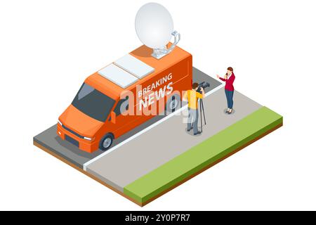 Isometric Broadcast Car with Satellite Dish. Car TV. Television Network. TV Live News Program. Stock Vector