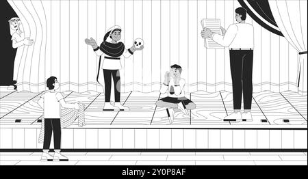 Theatre kids rehearsal Hamlet performance black and white line illustration Stock Vector