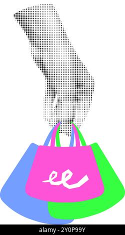 Hand holding shopping gift bags collage vector illustration Stock Vector