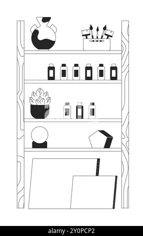 Wooden shelves painting tools black and white 2D line object Stock Vector
