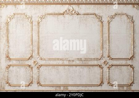 3d illustration. Classic wall of old gold stucco panels paint. Joinery in the interior. Background. Stock Photo